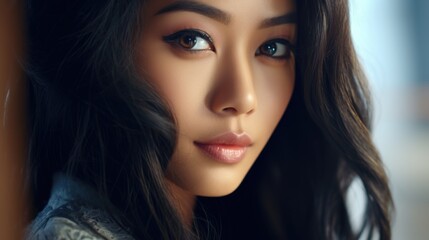 Fototapeta premium A woman with dark hair and brown eyes is looking at the camera. She has a nice smile and her eyes are bright