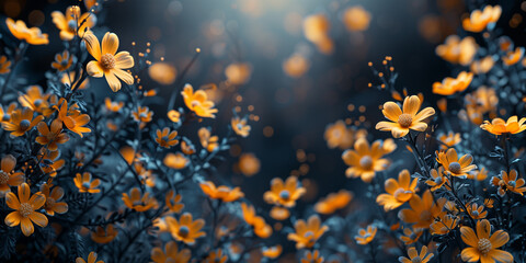 A close-up of a bunch of yellow flowers scattered across the green grass