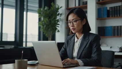 Asian business woman working on a laptop in a professional office