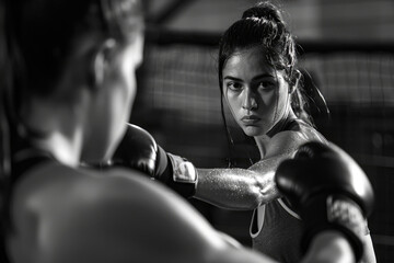 Two women are boxing in a ring. One of them is wearing a black glove. The other woman is wearing a black glove and is looking at the other woman