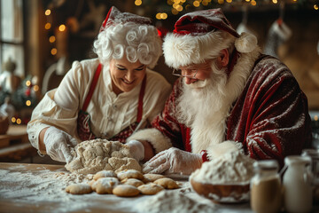A couple standing in front of a table, engaged in baking cookies Christmas