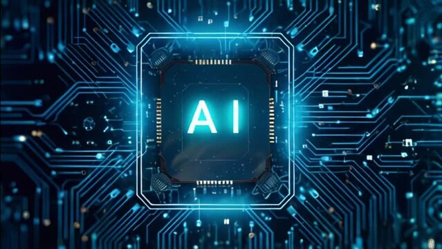 Microchip with AI logo on dark backdrop symbolizing technology and data transfer. Network, circuit, artificial intelligence, information processing