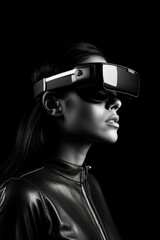 A woman wearing a virtual reality headset. The image is black and white. The woman is looking at the camera