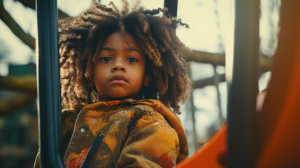 A young girl with curly hair is sitting on a swing. She is wearing a yellow jacket and looking at the camera