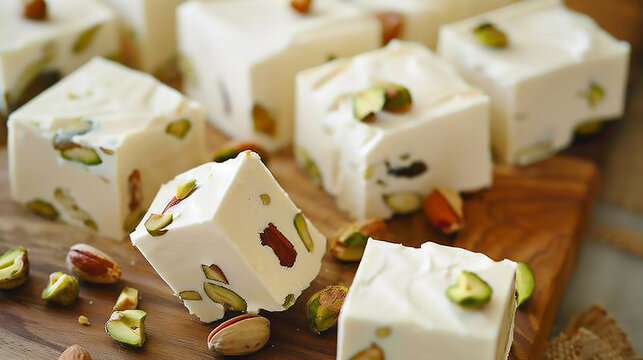 A pile of nougat squares on cutting board