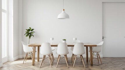 A minimalist dining area with a wooden table, simple white chairs, and a pendant light hanging above, creating an elegant atmosphere.