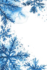 A blue and white painting of snowflakes and pine trees. The painting has a peaceful and serene mood, with the snowflakes