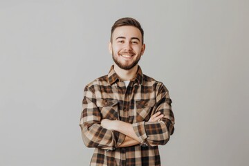 Obraz premium A man with a beard and a plaid shirt is smiling and crossing his arms. Concept of confidence and self-assurance