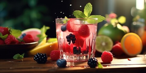A glass of mixed fruit juice with a garnish of mint and berries. The juice is served on a wooden...