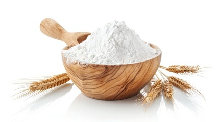 A wooden bowl filled with wheat flour, accompanied by a wooden spoon and a single ear of wheat, all isolated against a white backdrop.