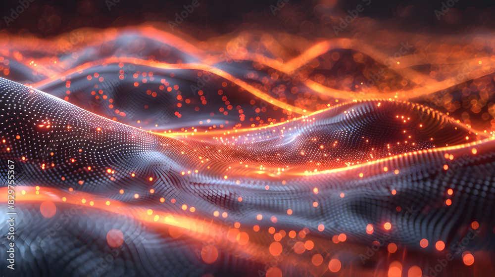 Aufkleber abstract wave with moving dots and lines. flow of particles. cyber technology illustration. 3d rende
