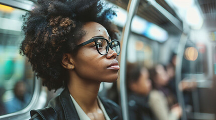 Thoughtful young woman on subway. Young woman with glasses and natural hair, lost in thought during her daily commute on the subway. - Powered by Adobe