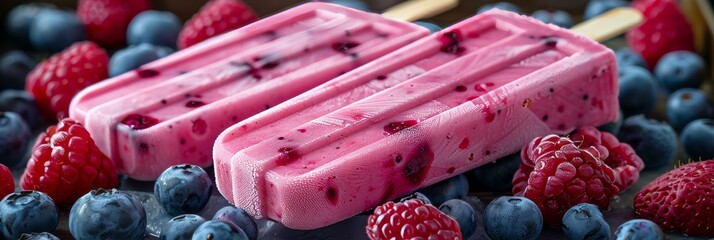 Frozen fruit and berry yogurt ice cream popsicle bars  sweet and delicious treats