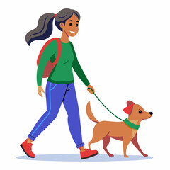 A woman walking a dog, wearing a green sweater and blue pants, smiling as she holds the leash, with a white background.