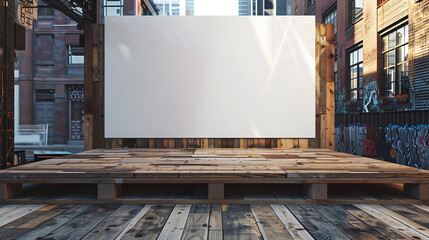 Wooden stage with a clean white banner in a dynamic urban setting, ideal for events