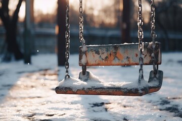 A swing is hanging from a chain in the snow. The scene is quiet and peaceful, with the snow covering the ground and the swing providing a sense of solitude - Powered by Adobe