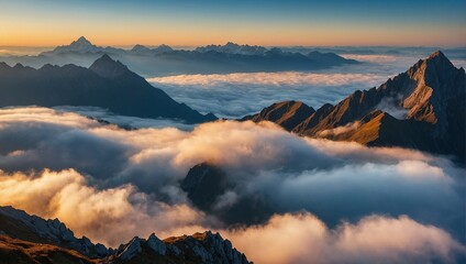 Obraz premium Breathtaking Views From Mangart Peak at Stunning Sunrise, Peaks Above Clouds