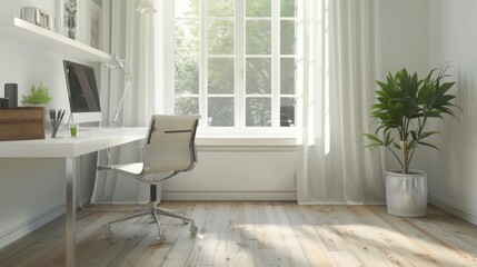 A minimalist home office with a sleek white desk, a comfortable chair, and a large window letting in natural light.