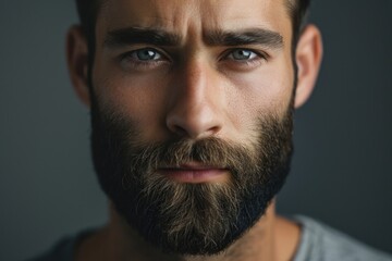 Obraz premium A man with a beard and blue eyes. He has a serious look on his face. Concept of maturity and confidence