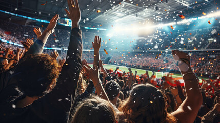 People applaud, raise their hands in the air, and celebrate the victory of their favorite sports team in a crowded stadium.