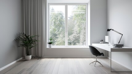 Fototapeta premium A minimalist home office with a sleek white desk, a comfortable chair, and a large window letting in natural light.