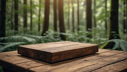 Fototapeta premium Camping wooden tabletop, empty wood table top in green forest, concept of outdoor nature activity dais podium counter product display platform mockup background banner with copy space 