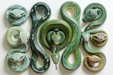 A group of green snakes sitting on top of each other, Chinese horoscope year of the wooden snake 2025