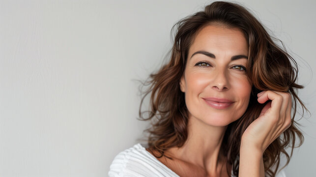 Portrait of a Smiling Mature Brunette, Copy Space, Woman in Her 40s or 50s, Beauty and Confidence in Middle Age, Skincare, Lifestyle and Natural Cosmetics  Concept.