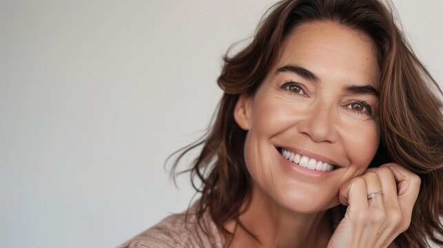Portrait of a Smiling Mature Brunette with Copy Space, Woman in Her 40s or 50s, Beauty and Confidence in Middle Age, Skincare, Lifestyle and Natural Cosmetics  Concept.