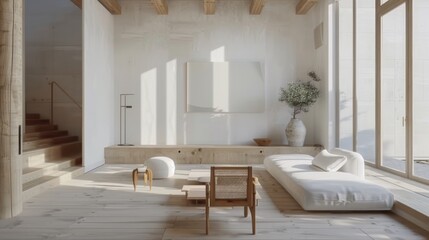 A minimalist home with a focus on natural materials, featuring wooden furniture, white walls, and plenty of natural light.