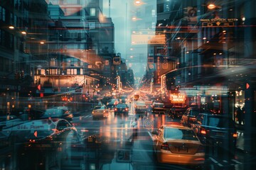 AI generated illustration of City street at night with traffic lights and pedestrians crossing