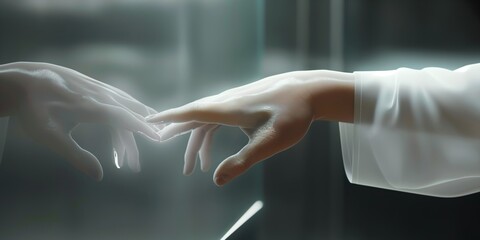 a pure white ultra realistic hand interacting