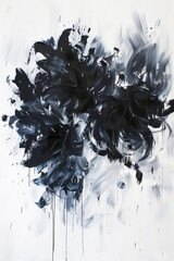 Abstract black floral painting, thick brush strokes, flowers, white background.
