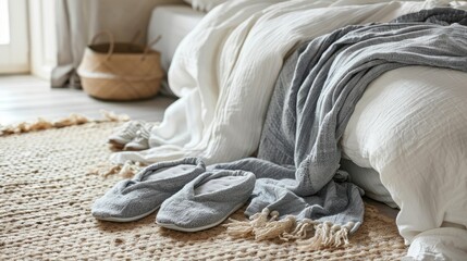 bedroom with a soothing beige and white color palette, highlighting a pair of slippers resting on a plush carpet in front of a neatly made bed, epitomizing simplicity in home decor.