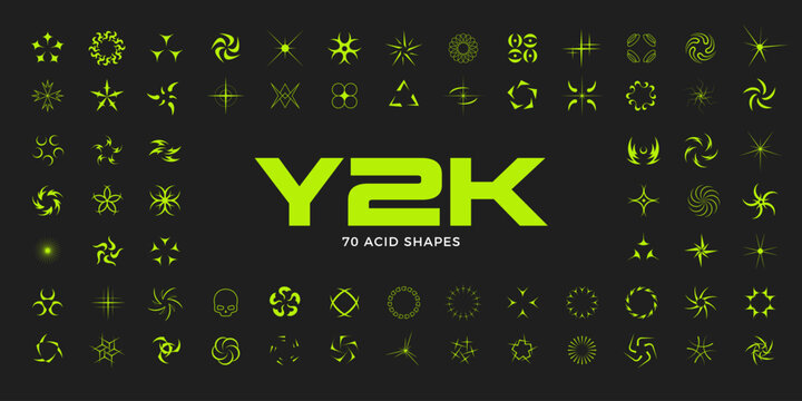 Y2K style set. Y2K acid elements for posters, flyers, banners, clothes, social media, graphic design. 2000s vector abstract shapes, symbols, frames and objects. Y2K aesthetics.