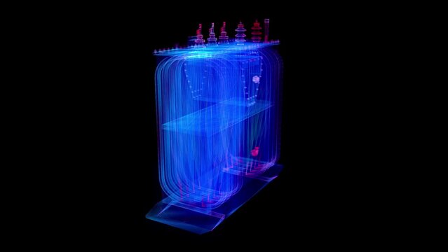 Voltage Transformer. Glowing blue light 3d model energy substation with lines, dots and particles.