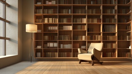 A minimalist living room with a large bookshelf, a comfortable armchair, and a floor lamp, creating a perfect reading nook.