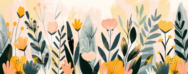 Banner, abstract illustration flora in soft neutral yellows, tan, pink and greens. Frame of spring flowers on a light background.