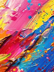 A painting with a lot of colors and splatters of paint. The colors are bright and the splatters give the painting a sense of movement and energy