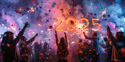 A vibrant New Year celebration with a group of people cheering, fireworks lighting up the sky, and confetti flying around 2025