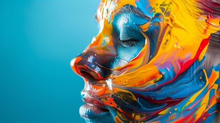A woman with blue and orange paint on her face
