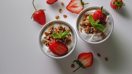 Two bowls of yogurt with strawberries and granola on top. The bowls are placed on a white table