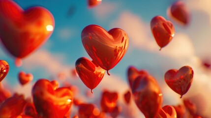 A bunch of red balloons with hearts on them are flying in the air. The balloons are scattered all over the sky, creating a festive and joyful atmosphere. Concept of celebration and happiness