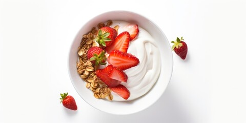 A bowl of yogurt with strawberries and granola
