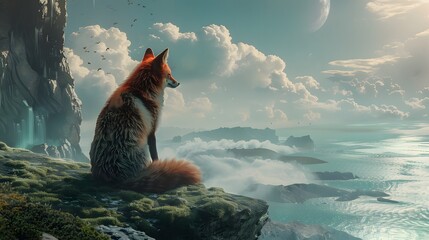 Fox on a rock in the mountains