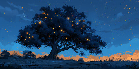 Painting of a tree with fireflies lighting up the night sky