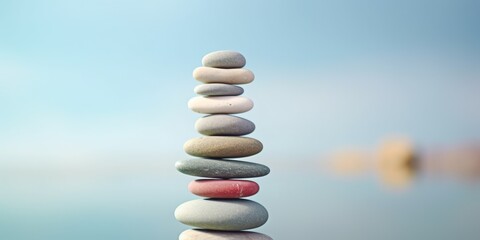 A stack of rocks on top of each other with a blue sky in the background. Concept of stability and strength, as the rocks are stacked on top of each other without any visible support