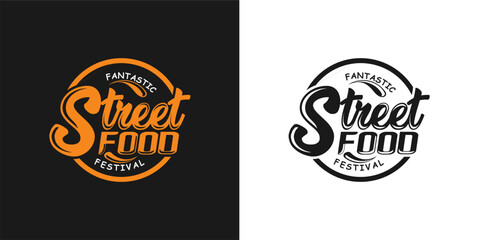 Street food festival logo design template. Element designt lettering logo in fine hand drawing