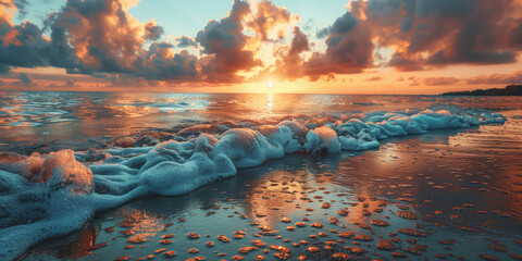Sun setting over the ocean, ice on water