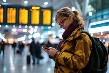 A woman is looking at her phone in a busy airport. She is wearing a scarf and a backpack